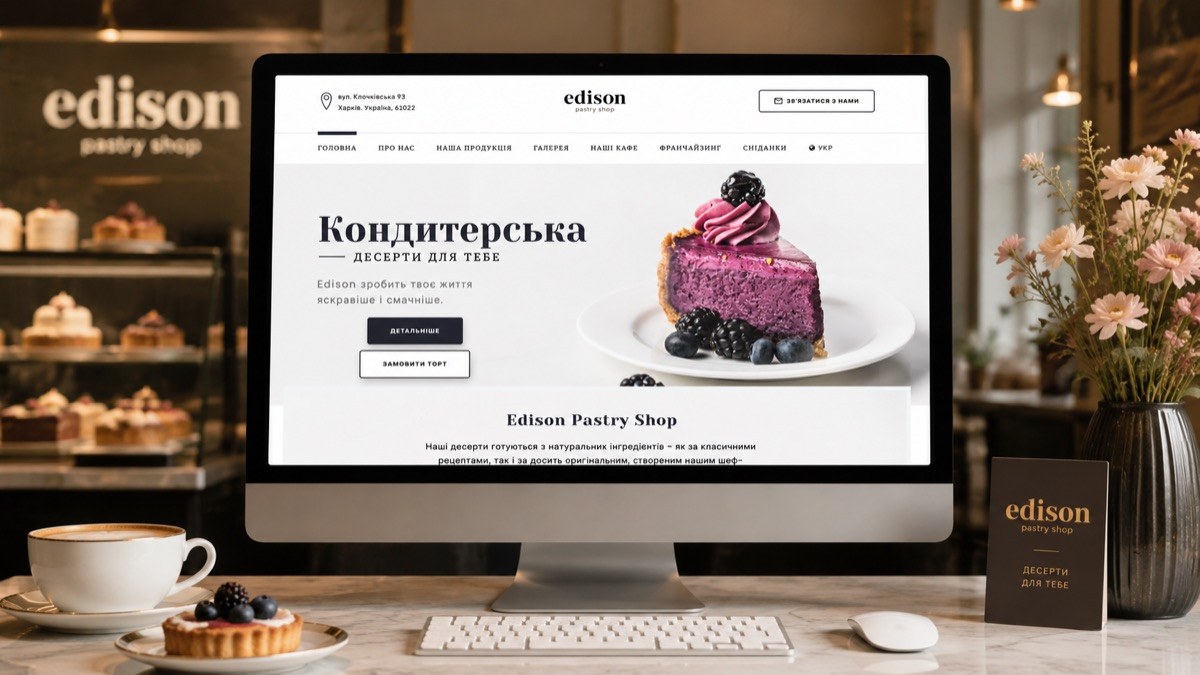 Корпоративний сайт Edison Pastry Shop, створений Vii Studio, на екрані iMac