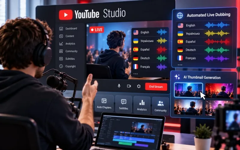 YouTube оновлює Studio: автоматичний дубляж прямих ефірів, генерація мініатюр та інші функції