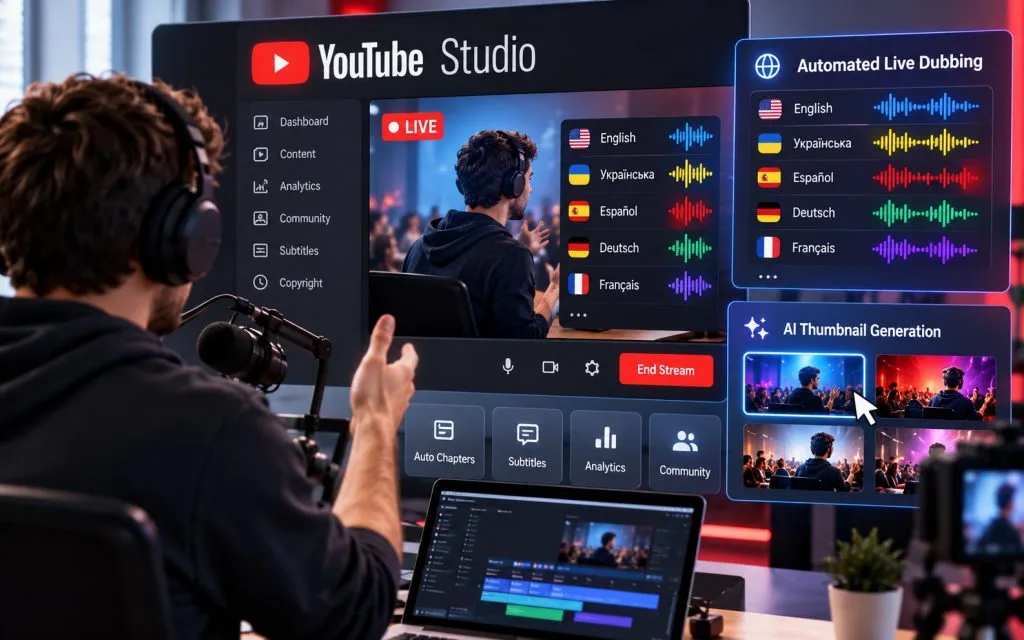 YouTube оновлює Studio: автоматичний дубляж прямих ефірів, генерація мініатюр та інші функції